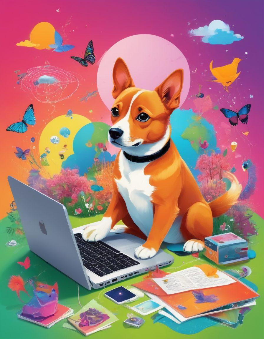 A whimsical illustration featuring various animals interacting with digital devices, surrounded by a vibrant digital landscape filled with blogs and storytelling elements. Showcase a colorful mix of animal behaviors, like a dog typing on a laptop and a cat scrolling through a tablet, as they engage with the digital world. Incorporate elements like floating text bubbles and paw prints leading to different blog themes. Make it lively and imaginative! vibrant colors. playful art style.