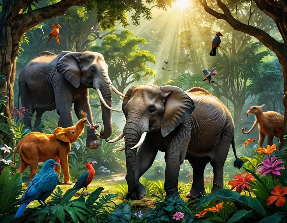 A lush, vibrant jungle scene showcasing diverse animal species engaging in unique social interactions, such as a wise old elephant guiding playful monkeys and a mother bird feeding her chicks. The lush greenery and colorful flowers create a lively atmosphere, emphasizing the theme of connectivity in nature. The sunlight filters through the leaves, casting dynamic shadows and highlighting the animals' expressions. super-realistic. vibrant colors. 3D.
