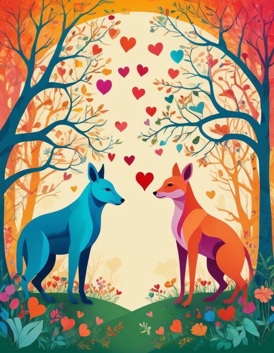 A whimsical collage depicting various animal mating rituals in vibrant colors, blending into a stylized representation of human relationships, showcasing connection and communication. Incorporate elements like intertwined vines, hearts, and footprints merging between the wild and modern life, with a magical forest background. Capture the essence of nature and romance. vibrant colors. vector art. whimsical style.